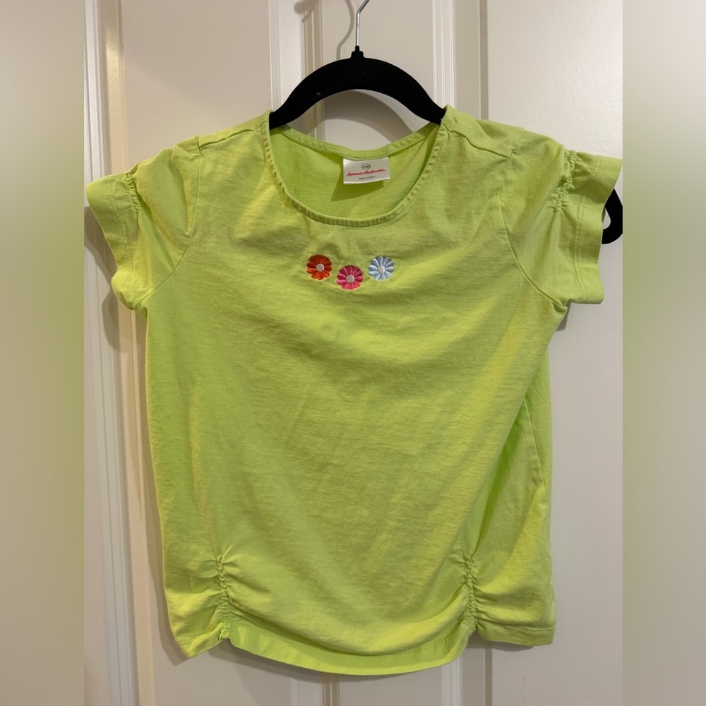 Hanna Andersson lime green embroidered flower short sleeve t shirt.